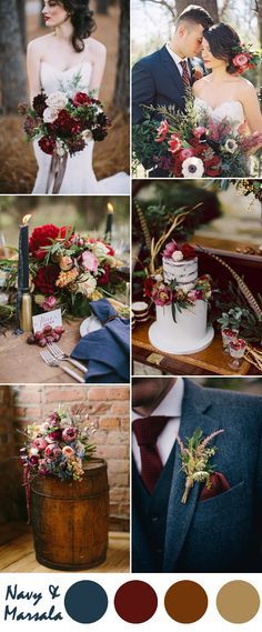 Now this is a fascinating combination, and would be smashing for a fall wedding! Navy and burgundy are both heavy colors, although navy is a beautiful neutral and really lends masculinity to the elegance of burgundy. The rich brown and greens are crucial to tie the two colors together ... the thing that I especially love, though, is how these colors combined make white just absolutely pop! The bride's gown, the groom's shirt and the white of the cake look crisp and fresh - what a way to make your whites really pop!